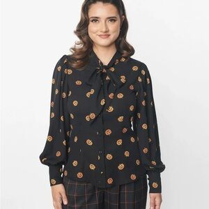 🕸 Unique Vintage Gwen Blouse - XL - Pumpkin Print - Sheer Black - Spooky Vibes